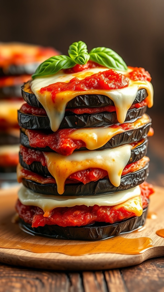 Layered Eggplant Parmesan Stack Layered eggplant parmesan stack with roasted eggplant, marinara sauce, and melted cheese, garnished with basil on a rustic table.